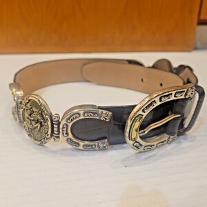 Vintage Brighton Croc Leather Belt Womens Small Black Equestrian Horseshoe Polo